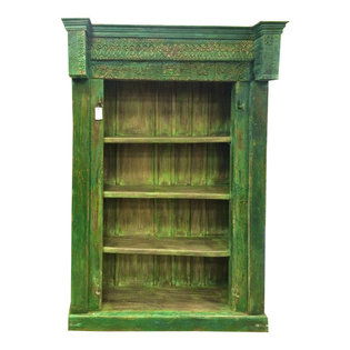 Mogul Interior - Consigned 4 Shelf Bookcase Solid Wood Happiness Carving Book Shelf - Kookcase that was salvaged from the Havelis of Rajasthan with a warm rustic wooden that defines character and age.