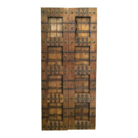 Mogul Interior - Consigned Antique Doors Brass Stars Indian Panels Carved Teak Rustic Architectur - Beautiful 1950s retro & unique antique Classic Doors from India