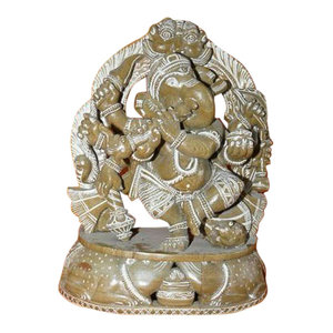 Mogul Interior - Consigned Hindu God Ganesh Murti Sculpture Dancing Ganesha Stone Statue - Fluting Ganesha Rat Base Reverse Carving Green patina Statue 8 Inch from India