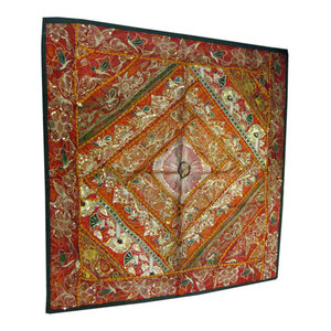Mogulinterior - Indian Vintage Style Orange Sequin Wall Hanging Sari Patchwork Tapestry - Orange, Red, Blue, Yellow and gold thread work , the colors of the tapestry beautiful and intricately embroidered tapestry in rich captivating colors and an assortment of beads and sequins is a intense piece or workmanship.Hand embroidered patches with floral, paisley and Indian motifs in a gorgeous array of design.This is a great gift , unusual and unique , adding Bohemian flair and ethnic drama.