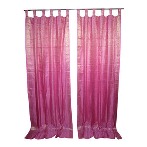 Mogul Interior - 2 Pink Golden Brocade Indian Sari Curtains Drapes Panels - Brocade Silk blend curtains actually gives a great impact to get the luxurious look of a room design.