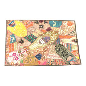 Mogulinterior - Indian Embroidered Beige Tapestry Wall Hanging Patchwork Sari - This beautiful and intricately embroidered tapestry in rich captivating colors and an assortment of beads and sequins is a intense piece or workmanship.Hand embroidered patches with Elephant, paisley and Indian motifs in a gorgeous array of design, add to the allure of our beautiful sari wall hanging.