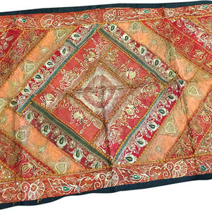 Mogul interior - Consigned Indian Inspired Tapestry Throw Red Orange Sequin - Sari tapestries are handmade from embroidered saris and Zardozi patches and are beautifully exotic creations.