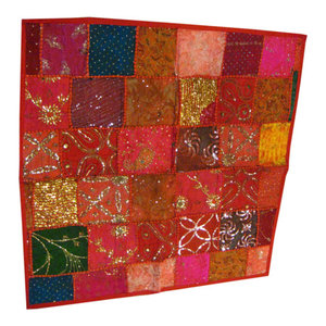 Mogulinterior - Indian Vintage Style Sari Tapestry Red Pink Wall Hanging - Red, Yellow and gold thread work , the colors of the tapestry and add a dramatic statement to your decor.This beautiful and intricately embroidered tapestry in rich captivating colors and an assortment of beads and sequins is a intense piece or workmanship.Hand embroidered patches with floral, paisley and Indian motifs in a gorgeous array of design.