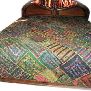 Mogul Interior - Kutch Bedspread Embroidered India Bedding Coverlet Large Wall Hanging Tapestry - Tribal mirror work Bohemain banjara bedspread. Handmade by Indian craftsman from antique vintage bridal saris and is really a piece of art.