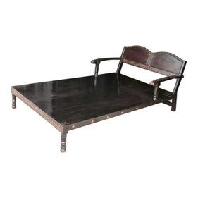 Mogul Interior - Consigned Plantation Style Daybed Hand Crafted Rustic Brass Antique Accents - This beautifully carved day bed with an intricately carved arch headboard.