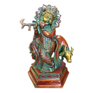 Mogulinterior - Fluting Krishna Brass Statue God of Love Divine Joy Idol Figurine India - Beautiful Gopal Krishna Playing the Flute Brass Statue in Copper finish from India.