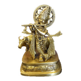Mogul Interior - Lord Krishna Brass Statue Playing Flute From India, Religious Gift Idea - Beautiful Statue of Krishna Playing the Flute Religious and decorative figurines.