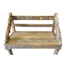 Mogul Interior - Consigned Indian Bench Hand Crafted Floral Rustic Reclaimed Wood Accents - *Classic 4 sitter long bench, This bench would enhance indoor & outdoor and is ideal an a memorial carved wood bench from India.
