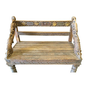 Mogul Interior - Consigned Indian Bench Hand Crafted Floral Rustic Reclaimed Wood Accents - *Classic 4 sitter long bench, This bench would enhance indoor & outdoor and is ideal an a memorial carved wood bench from India.