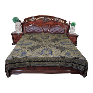 Mogul Interior - Mogul Reversible Bedspread Indian Bedding King Sz Home Decor - Gorgeous & intricate ethnic medium Navy Blue and Ivory reversible warm jamavar wool Indian bedspread bed cover in exquisite huge swirling floral paisley motifs from India.
