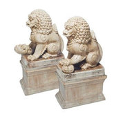 Pair of White Crackle Glazed Lions by Mecox Gardens