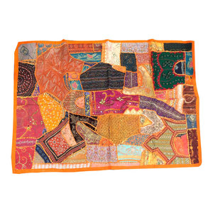 Mogul Interior - Consigned Orange Sari Tapestry Handmade Wall Hanging - *Orange, Red, Blue, Yellow and gold thread work , the colors of the tapestry scintillate you visually and add a dramatic statement to your decor.