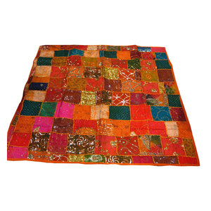 Mogul interior - Consigned Sari Tapestry Indian Wall Hanging Orange Table Runner - Sari tapestries are handmade from embroidered saris and Zardozi patches and are beautifully exotic creations.