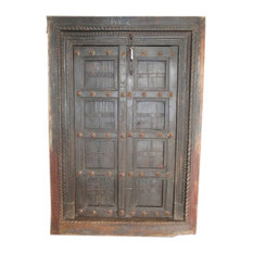 Mogul Interior - Consigned Doors 18c Dark Teak Brass Medallions Antique Style Rustic Patina - Interior Doors