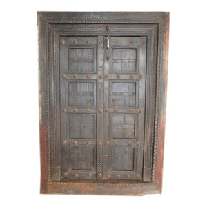 Mogul Interior - Consigned Doors 18c Dark Teak Brass Medallions Antique Style Rustic Patina - Interior Doors