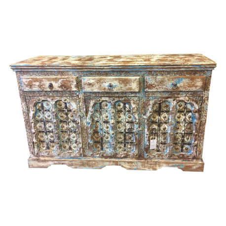 Mogul Interior - Consigned Sideboard Media Console Buffet Distressed Blue Patina India Furniture - Buffets And Sideboards