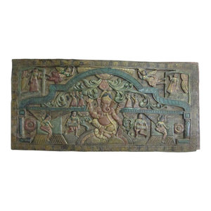 Mogul Interior - Consigned Indian Inspired Decorative Ganesha Hand Carved Wood Door Panels - *Add special nook in your home with Hand Carved Ganesha Wall Panel.