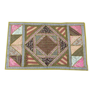 Mogulinterior - Indian Bohemian Wall Decor Green Wall Hanging Sequin Embroidered Sari Tapestry - Pink, Green, Beige and gold thread work , the colors of the tapestry scintillate you visually and add a dramatic statement to your decor.This beautiful and intricately embroidered tapestry in rich captivating colors and an assortment of beads and sequins is a intense piece or workmanship.Hand embroidered patches with floral, paisley and Indian motifs in a gorgeous array of design.