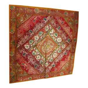 Mogulinterior - Indian Decorative Wall Hanging Tapestry Orange Sequin Flower Patchwork - Orange Flower sequin Sari tapestries are handmade from vintage embroidered saris and  patches and beautifully exotic creations.This beautiful and intricately embroidered tapestry in rich captivating colors and an assortment of beads and sequins is a intense piece or workmanship.Hand embroidered patches with floral, paisley and Indian motifs in a gorgeous array of design.