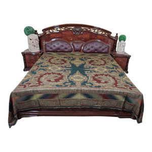Mogul Interior - Pashmina Bedspread Green Red Reversible Blanket Bed Cover King Sz - Gorgeous & intricate ethnic medium Red and Green reversible warm jamavar wool Indian bedspread bed cover in exquisite huge swirling floral paisley motifs from India.