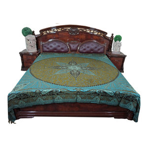 Mogul Interior - Mogul Blanket Throw Pashmina Bedspread Wool Indian Bedding - Gorgeous & intricate ethnic medium blue and heena green reversible warm jamavar wool Indian bedspread bed cover in exquisite huge swirling floral paisley motifs from India.