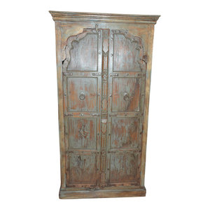 Mogul Interior - Consigned Antique Indian Armoire Cabinet Distressed Wood Jodhpur - Armoires And Wardrobes