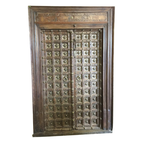 Mogul Interior - Antique Doors India Unique Hand Carved brass Knobs Haveli Door & Frame - Interior Doors