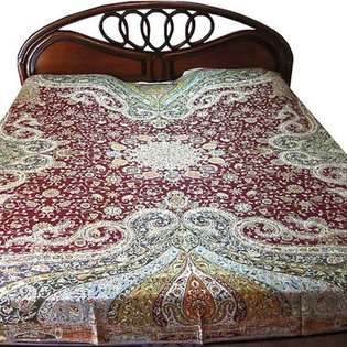 Mogul Interior - Pashmina Blanket Bedding Maroon Paisley Cashmere Indian Throw King - Gorgeous & intricate ethnic medium Maroon and Orange reversible warm jamavar wool Indian bedspread bed cover in exquisite huge swirling floral paisley motifs from India.