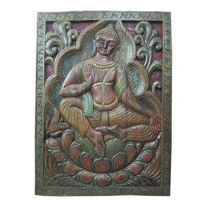 Mogul Interior - Consigned Buddha Vitarka Teaching Hand Carved Wood - The Buddha image boast combination of two mudras in this hand carved colorful door panel, India.