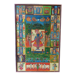 Mogul Interior - Consigned Krishna Hand Painted Doors Indian Wall Panel Multicolor Patina Wood - A true rustic wall art from a village just outside of Rajasthan, India.