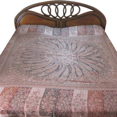 Mogul Interior - Kashmir Blanket Pashmina Bedspread Dusty Pink Reversible Indian Bedding - Gorgeous & intricateking size Pink, Black, Beige, Brown, Red Reversible Warm Jamavar Wool Indian Bedding Bedspread Bed cover in exquisite huge swirling Floral Paisley motifs with designer paisley borders Blanket from India.