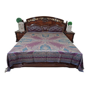 Mogul interior - Mogul Moroccan Bedding, Pashmina Wool Blanket Throw, Purple Blue Paisley - Gorgeous & intricate ethnic medium blue and purple reversible warm jamavar wool Indian bedspread bed cover in exquisite huge swirling floral paisley motifs from India.