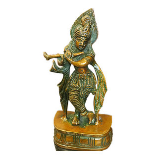 Mogul Interior - Decorative Hindu God Krishna Brass Statue Figurines Sculptures India - The spectacular brass statue of the Lord krishna as Ardhnariswar is carved with some beautiful carvings.