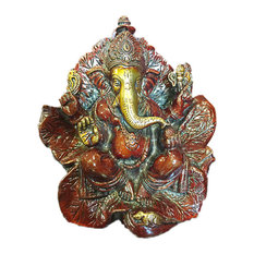 Mogul Interior - Hindu God Ganesh Statue Ganesha Sitting on a Leaf Brass Scuplture - Decorative Objects And Figurines