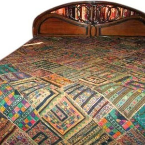 Mogul Inteior - Bedspread- Kutch Embroidery Ethnic India Bedding Coverlet Tapestry Throw - Tribal mirror work Bohemain look bedspread. Handmade by Indian craftsman from antique vintage bridal saris and is really a piece of art.