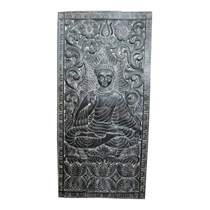 Mogul Interior - Indian Decor Hand Carved Wood Buddha Teaching Wall Panel Spiritual Art - The Buddha seated on double lotus base hand carved vintage door panel from India.