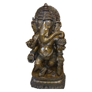 Consigned Antique Ganesha Good Luck Statue Ganpati Bronze Sculpture Yoga Gift - Hindu Elephant God Lord Ganesha Standing Brass figurine from india. In this sculpture, he has four hands hold bowl of sweets, noose