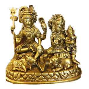 Mogul Interior - Indian Religious Gift God Shiva Ganesha Parvati Family Brass Idol Sculpture - Beautiful Statue of Shiv Family Religious and decorative golden finish brass figurines.