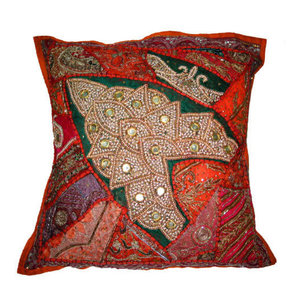 Mogul interior - 24" Orange Green Embroidered Cotton Pillow Throw Covers - Cotton