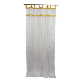 Mogul Interior - 2 Sheer Organza Curtain White Golden Sari Border Drapes Panels, 48x108" - Vibrant & stunning decor with golden lace border organza sari curtains, add delicate sheer style to your windows.