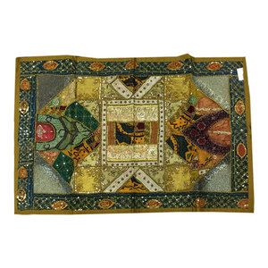 Mogulinterior - Indian Green Tapestry Wall Hanging Sequin Embroidered Home Decor - This beautiful and intricately embroidered tapestry in rich captivating colors and an assortment of beads and sequins is a intense piece or workmanship.Hand embroidered patches with floral, paisley and Indian motifs in a gorgeous array of design, add to the allure of our beautiful sari wall hanging.