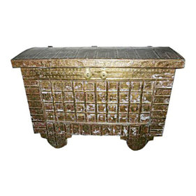 Mogul Interior - Consigned Hope Chest On Wheels Carved India Brass Cladded Trunk - Beautiful reclaimed Wooden Teak Hope Chest Pitara box on wheels with storage from India.