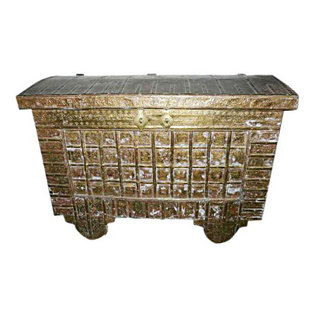 Mogul Interior - Consigned Hope Chest On Wheels Carved India Brass Cladded Trunk - Beautiful reclaimed Wooden Teak Hope Chest Pitara box on wheels with storage from India.