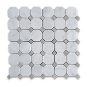 12"x12" Carrara White Octagon Mosaic Tile With Gray Dots Honed, Chip Size: 2"