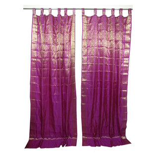 Mogulinterior - Morrocan Decor- 2 Fuchsia Pink Golden Brocade Indian Sari Curtains Drapes Panels - Brocade SARI Silk Blend