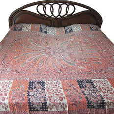 Mogul Interior - Pashmina Blanket Coral Red Jamawar Bedspread Cashmere Indian Bedding - Gorgeous & intricate ethnic king size Coral Red,Orange,Maroon,Black,Cream white Reversible Warm Jamawar Wool Indian Bedding Bedspread Bed cover in exquisite huge swirling Floral motifs with designer floral borders Blanket from India.