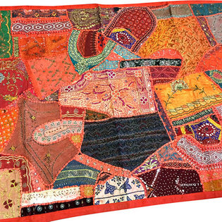 Mogul interior - Consigned Indian Inspired Tapestry Red Hand Embroidered Wall Hanging - Sari tapestries are handmade from embroidered saris and Zardozi patches and are beautifully exotic creations.