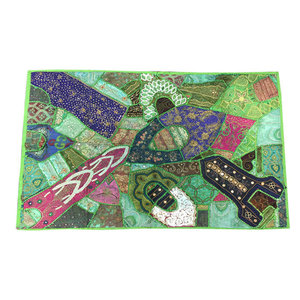 Mogulinterior - Indian Green Vintage Style Wall Hanging Sequin Embroidered Wall Decor Sari - Green thread work , the colors of the tapestry scintillate you visually and add a dramatic statement to your decor.wall hanging, table throw, sofa throw, bed throw, window dressing, valance, tree skirt.This beautiful and intricately embroidered tapestry in rich captivating colors and an assortment of beads and sequins is a intense piece or workmanship. You can gift this on the occasion etc.