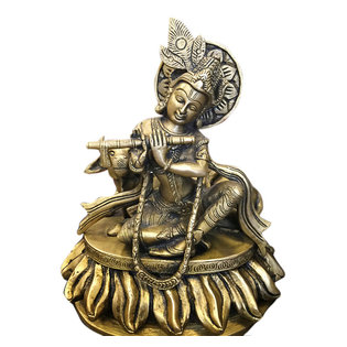 Mogul Interior - Seated Krishna Statue Playing the Flute Brass Figurine Hindu God Idol 8" - Beautiful Gopal Krishna Playing the Flute Brass Statue in gold finish from India.
